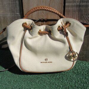 Michael Kors Montauk Small Cream Canvas Convertible Crossbody Hobo Bag Purse